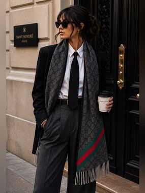 Gucci Nikky GG Wool Scarf Charcoal Grey Made in Italy - NWT